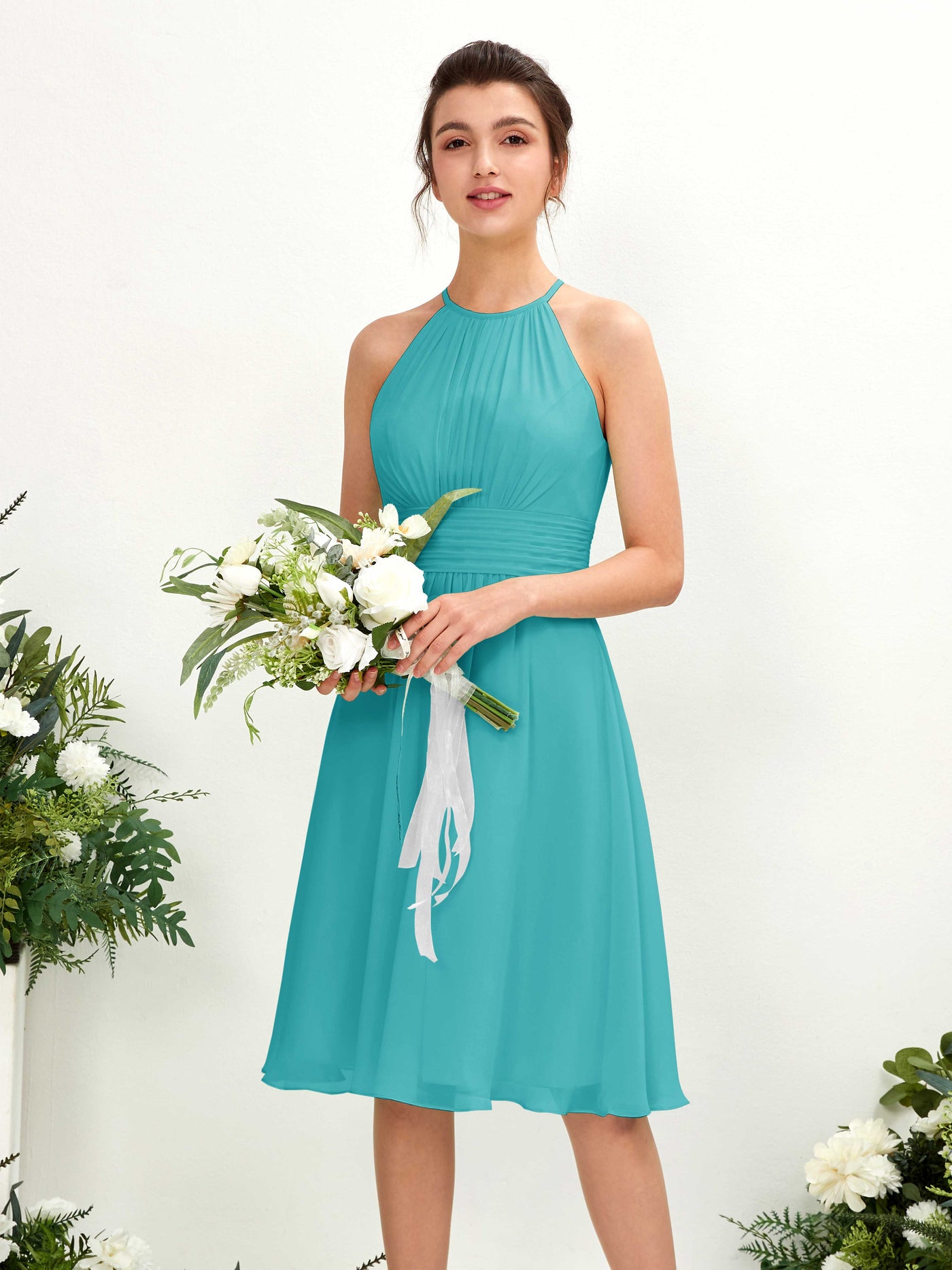 Carlyna A-Linien-Kleid Rundhals knielang Chiffon Brautjungfernkleid Türkis #farbe_t-rkis