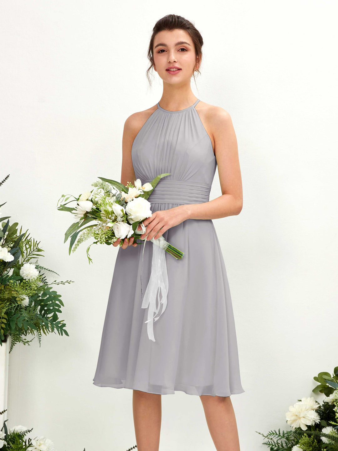 Carlyna A-Linien-Kleid Rundhals knielang Chiffon Brautjungfernkleid Taube 