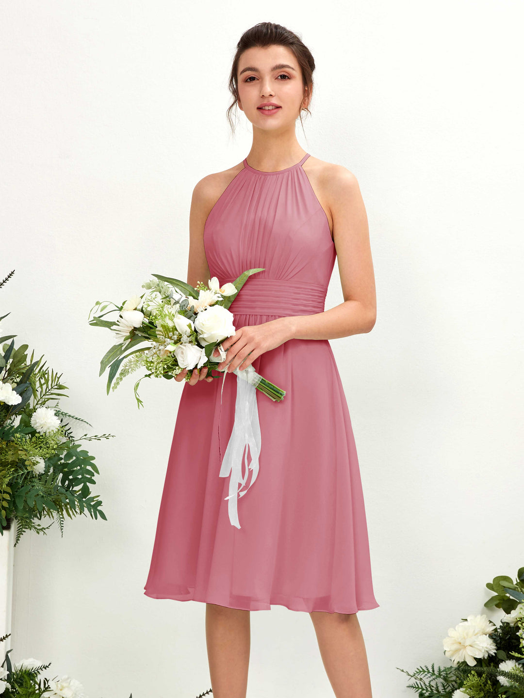 Carlyna A-Linien-Kleid Rundhals knielang Chiffon Brautjungfernkleid Wüstenrose 