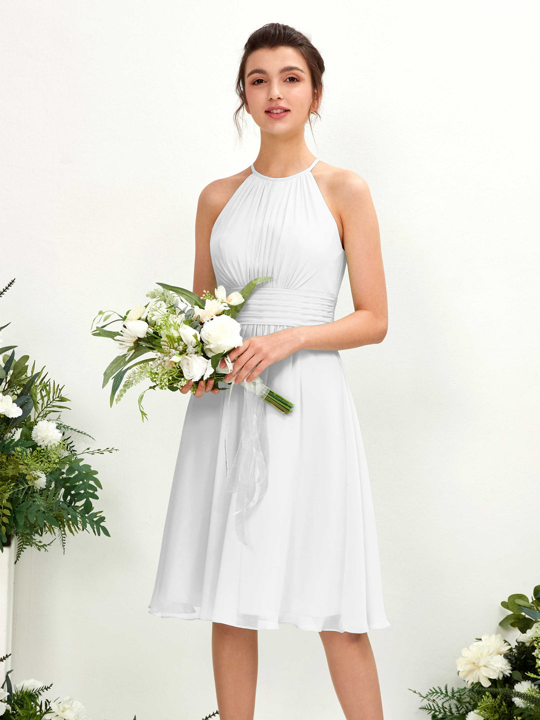Carlyna A-Linien-Kleid Rundhals knielang Chiffon Brautjungfernkleid Weiß 