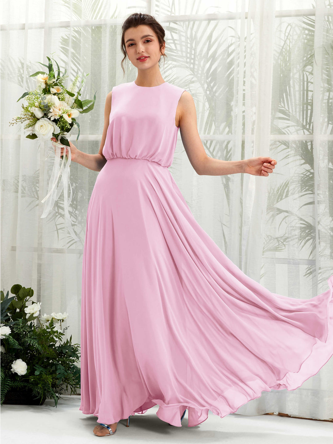 Carlyna A-Linien-Kleid Rundhalsbodenlang Chiffon Brautjungfernkleid Bonbonrosa 