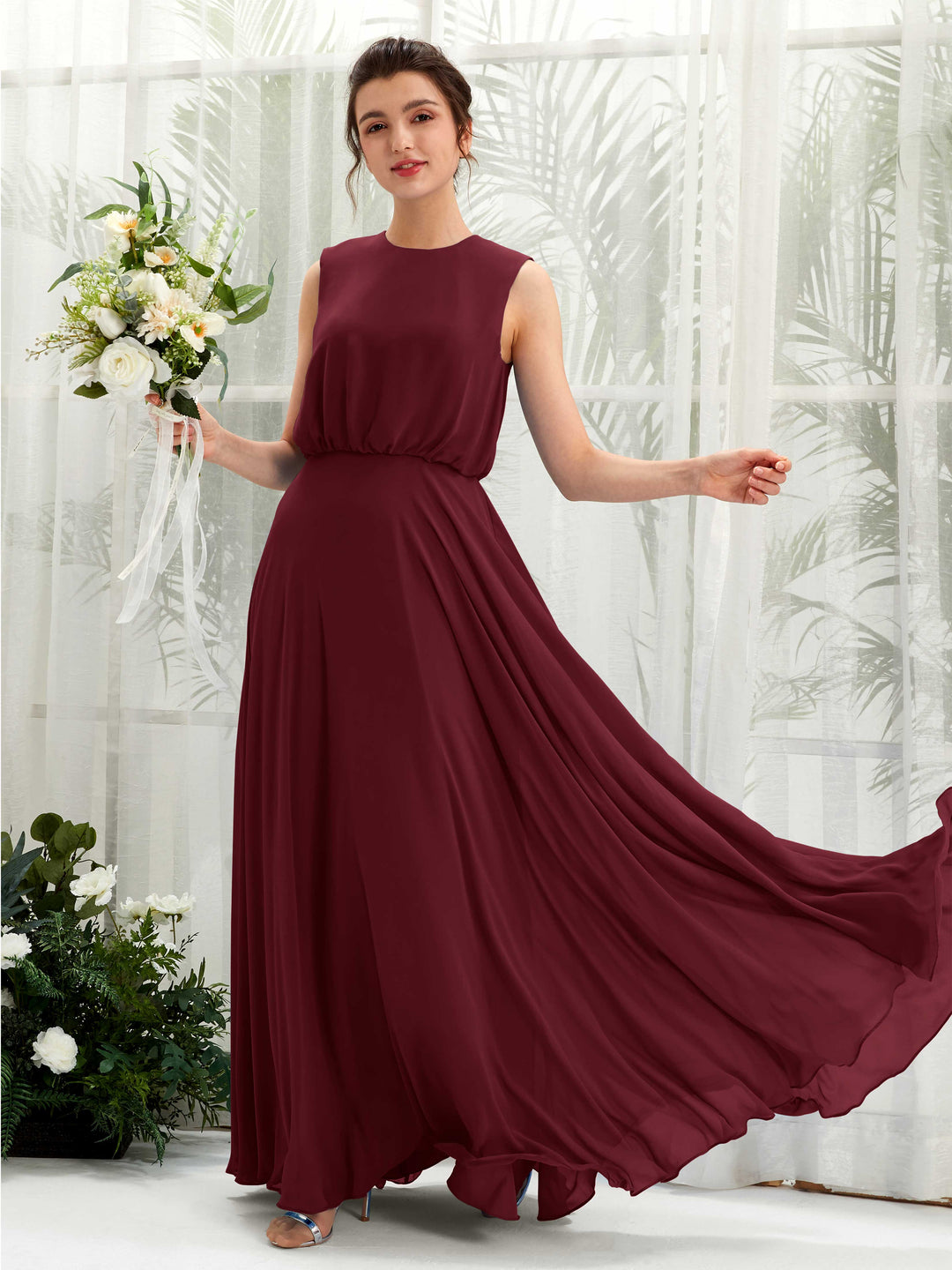 Carlyna A-Linien-Kleid Rundhalsbodenlang Chiffon Brautjungfernkleid Burgunderrot 