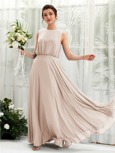 Carlyna A-Linien-Kleid Rundhalsbodenlang Chiffon Brautjungfernkleid Champagner #farbe_champagner