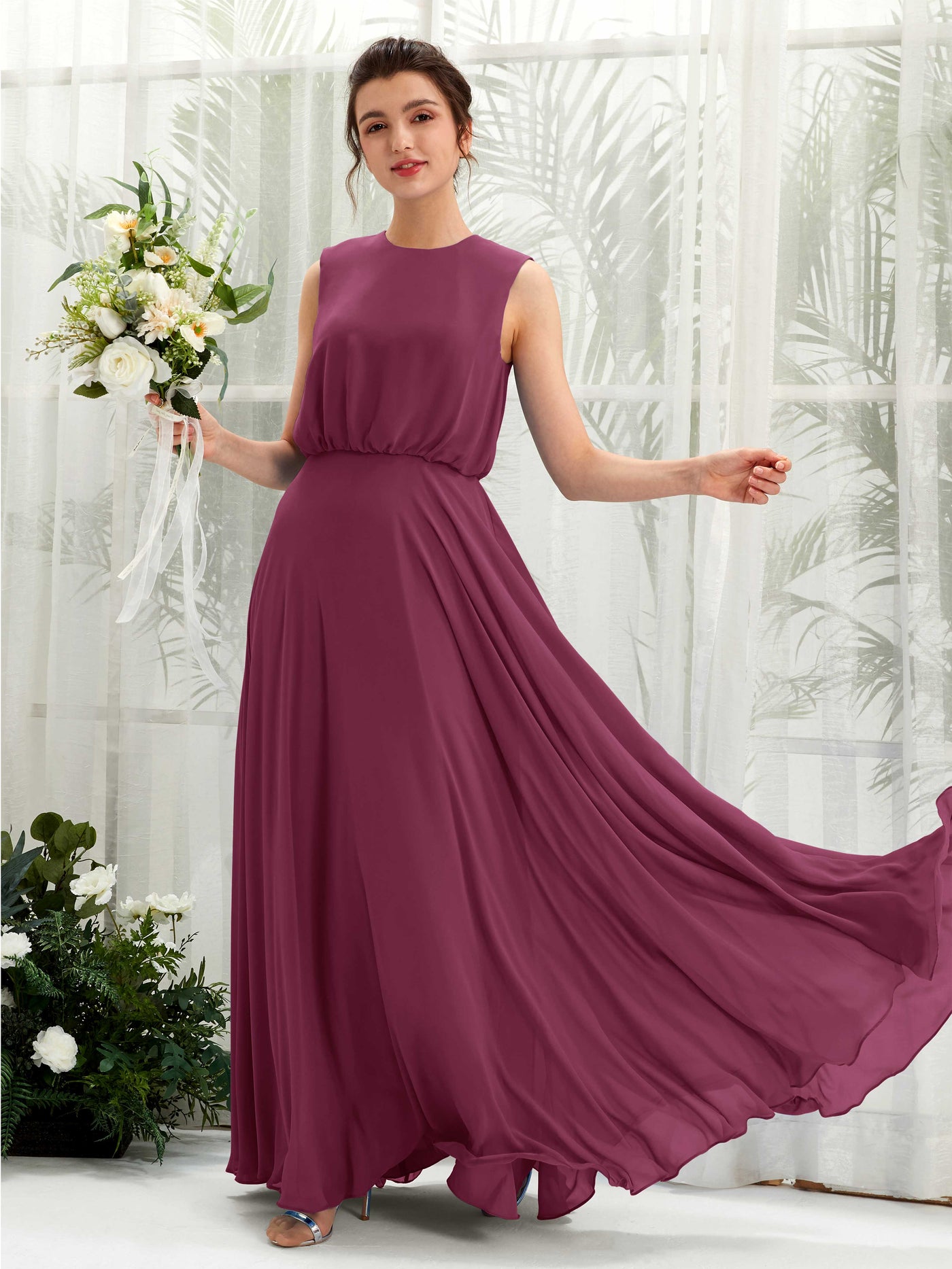 Carlyna A-Linien-Kleid Rundhalsbodenlang Chiffon Brautjungfernkleid Chianti #farbe_chianti