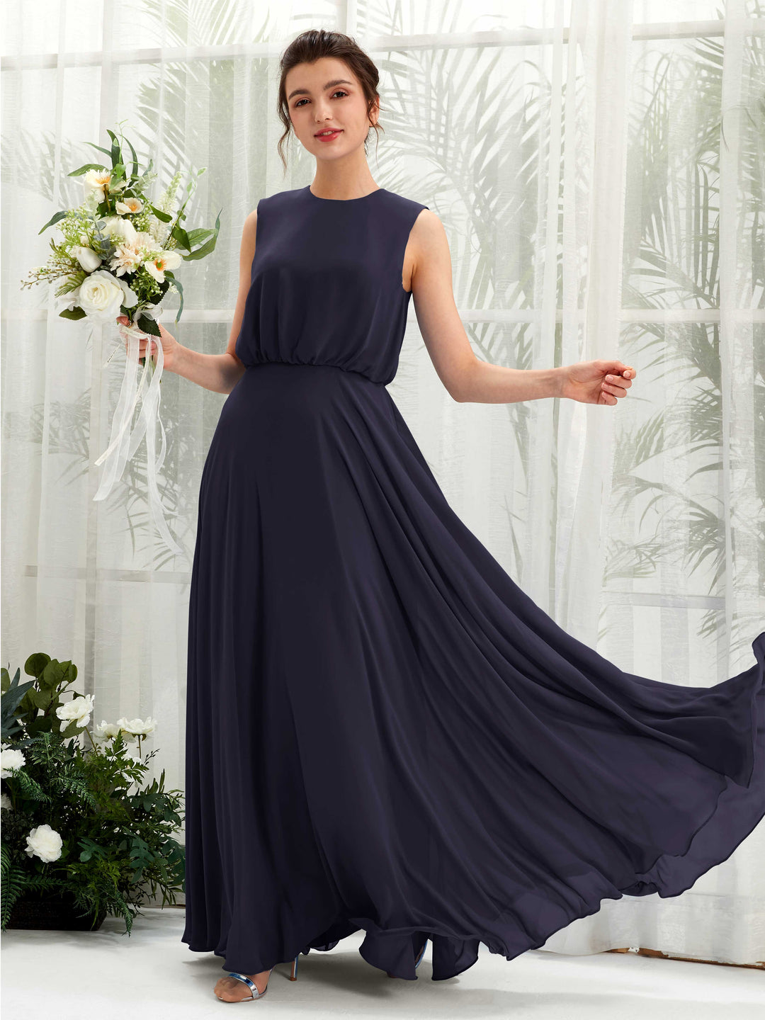 Carlyna A-Linien-Kleid Rundhalsbodenlang Chiffon Brautjungfernkleid Dunkel Marineblau 