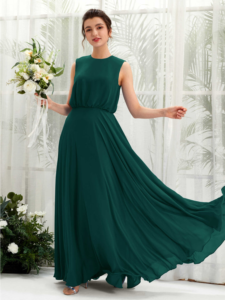 Carlyna A-Linien-Kleid Rundhalsbodenlang Chiffon Brautjungfernkleid Dunkelsmaragd 