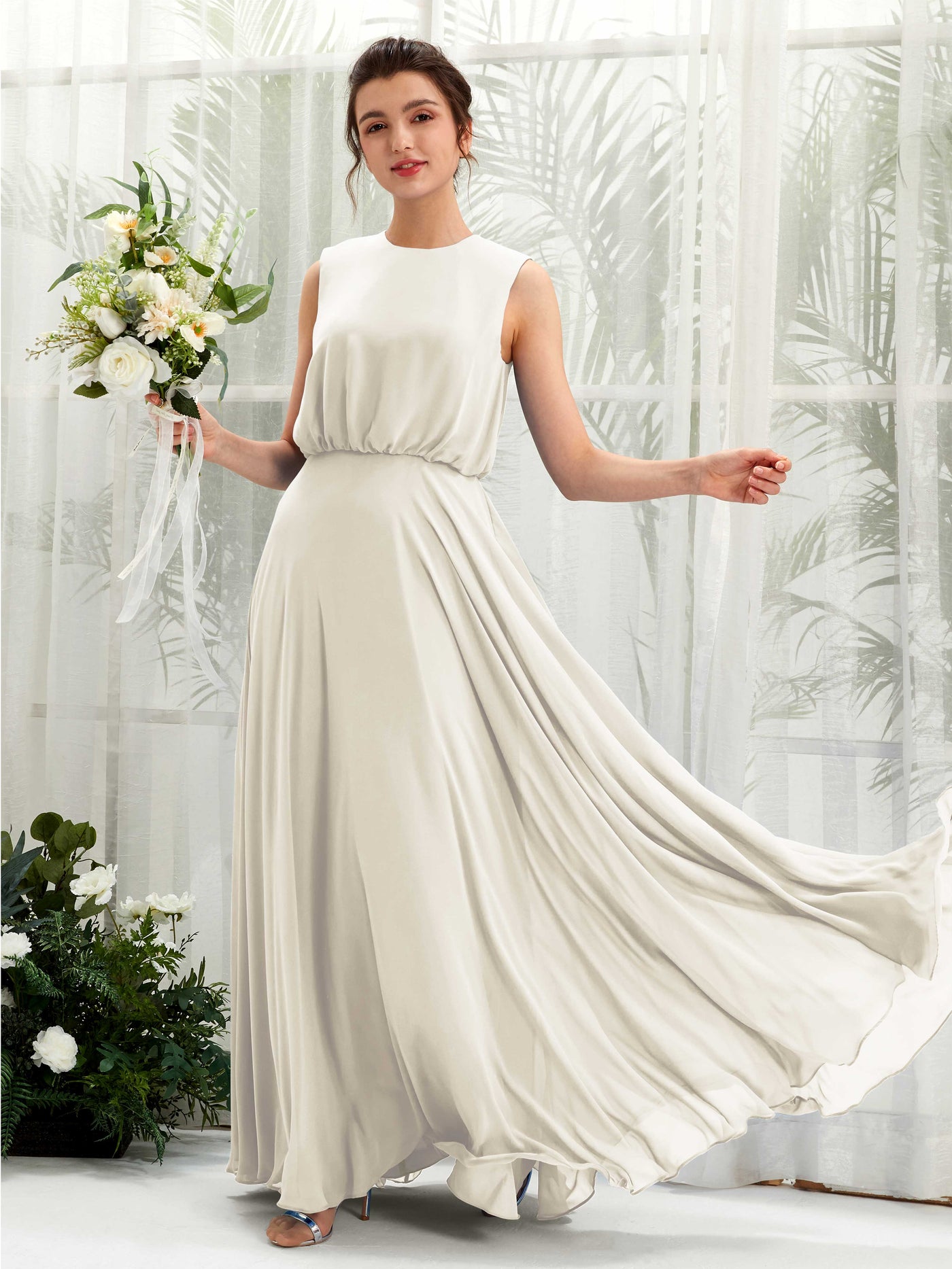 Carlyna A-Linien-Kleid Rundhalsbodenlang Chiffon Brautjungfernkleid Elfenbein #farbe_elfenbein