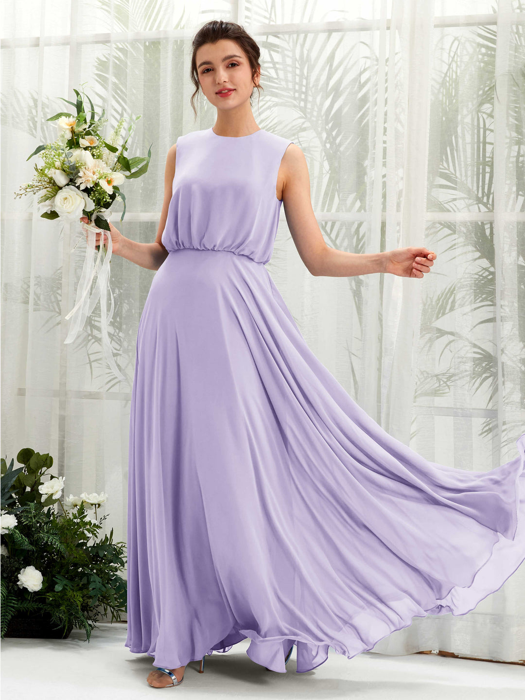 Carlyna A-Linien-Kleid Rundhalsbodenlang Chiffon Brautjungfernkleid Flieder 