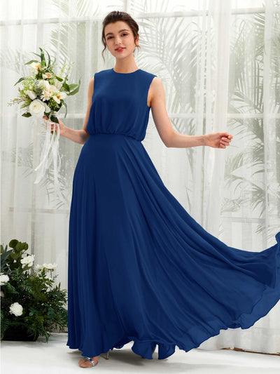 Carlyna A-Linien-Kleid Rundhalsbodenlang Chiffon Brautjungfernkleid Königsblau #farbe_k-nigsblau