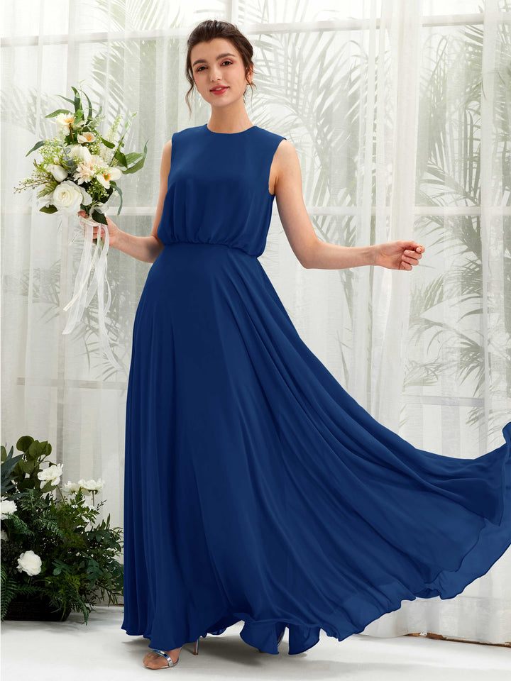 Carlyna A-Linien-Kleid Rundhalsbodenlang Chiffon Brautjungfernkleid Königsblau 