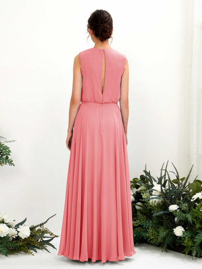 Carlyna A-Linien-Kleid Rundhalsbodenlang Chiffon Brautjungfernkleid Korallenrosa #farbe_korallenrosa
