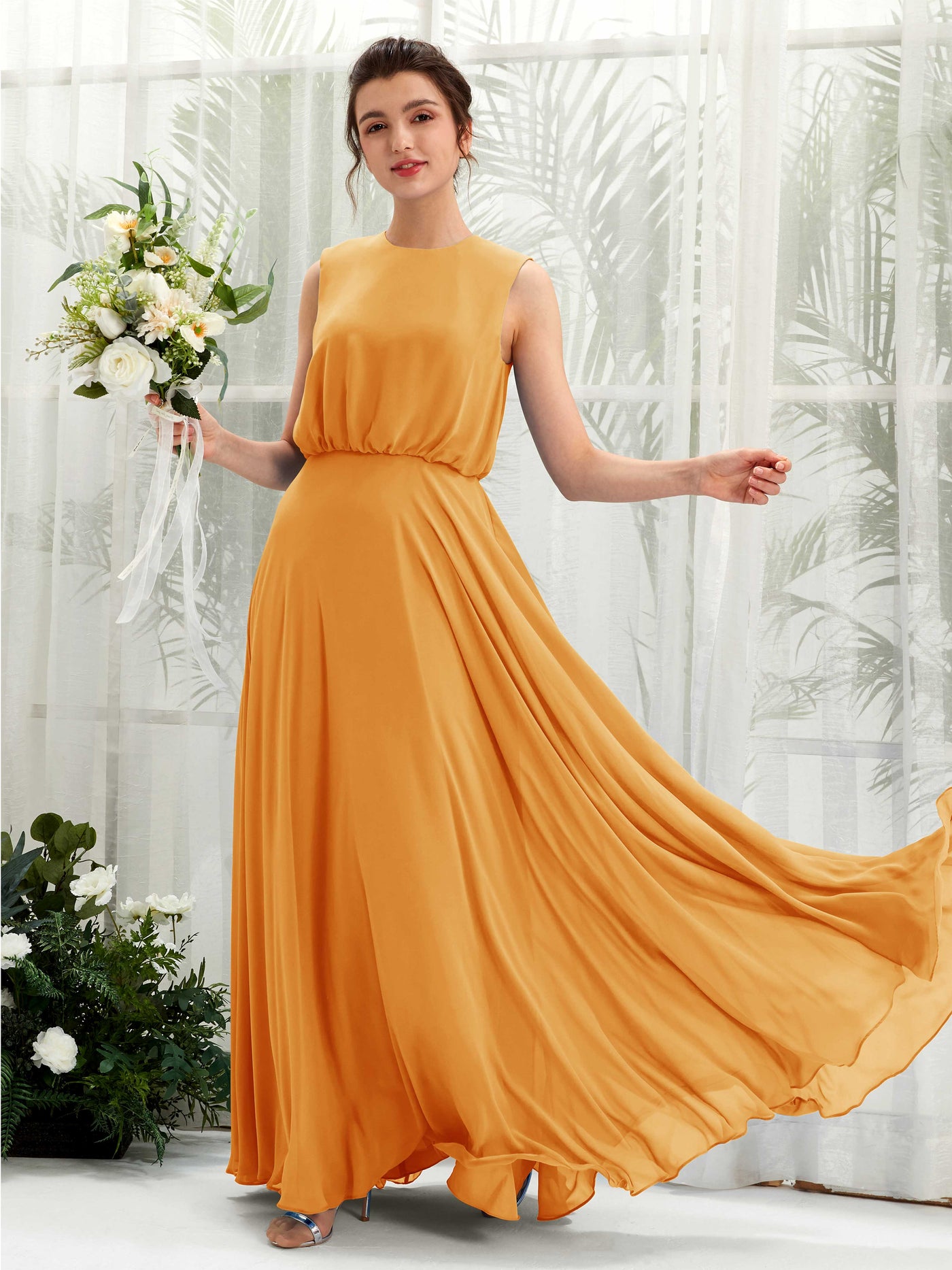 Carlyna A-Linien-Kleid Rundhalsbodenlang Chiffon Brautjungfernkleid Mango #farbe_mango
