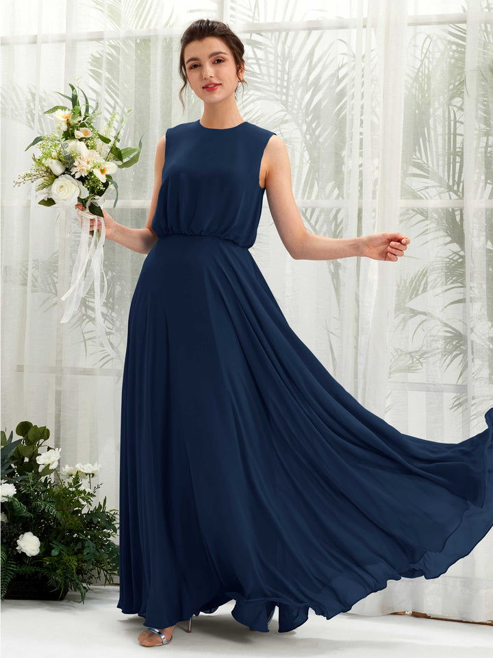 Carlyna A-Linien-Kleid Rundhalsbodenlang Chiffon Brautjungfernkleid Marineblau 