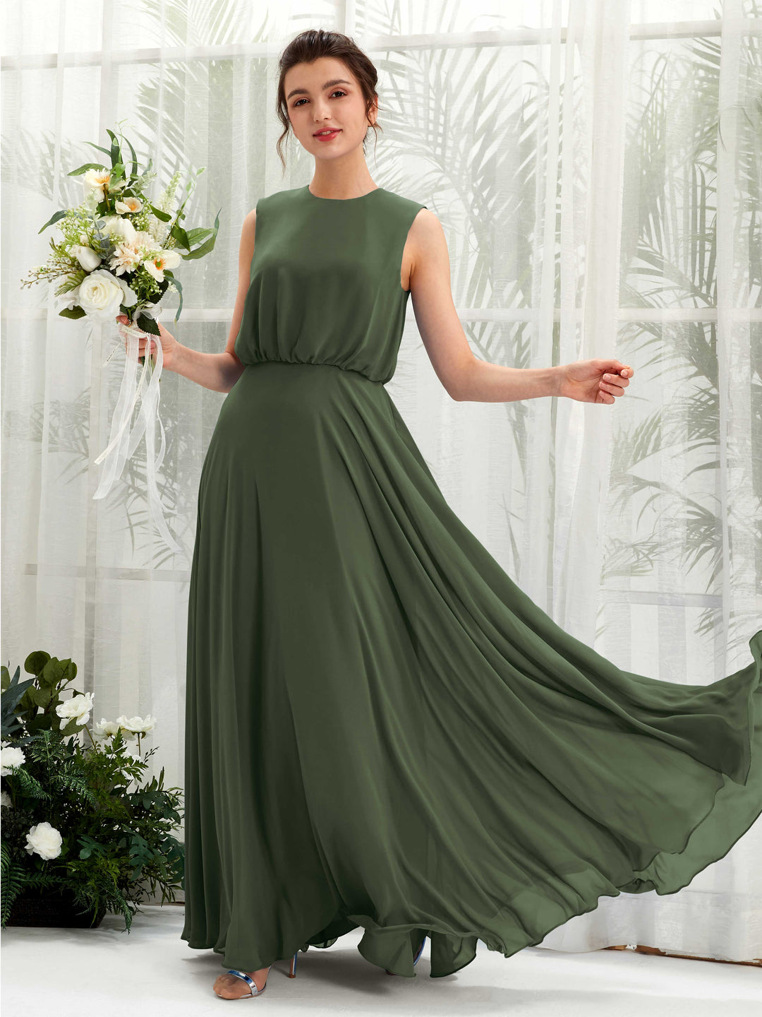 Carlyna A-Linien-Kleid Rundhalsbodenlang Chiffon Brautjungfernkleid Martini-Olive 