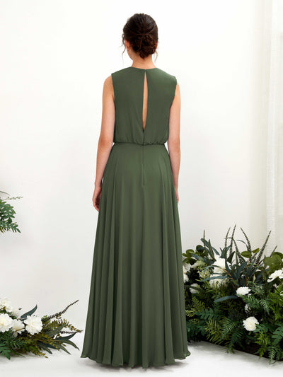 Carlyna A-Linien-Kleid Rundhalsbodenlang Chiffon Brautjungfernkleid Martini-Olive #farbe_martini-olive