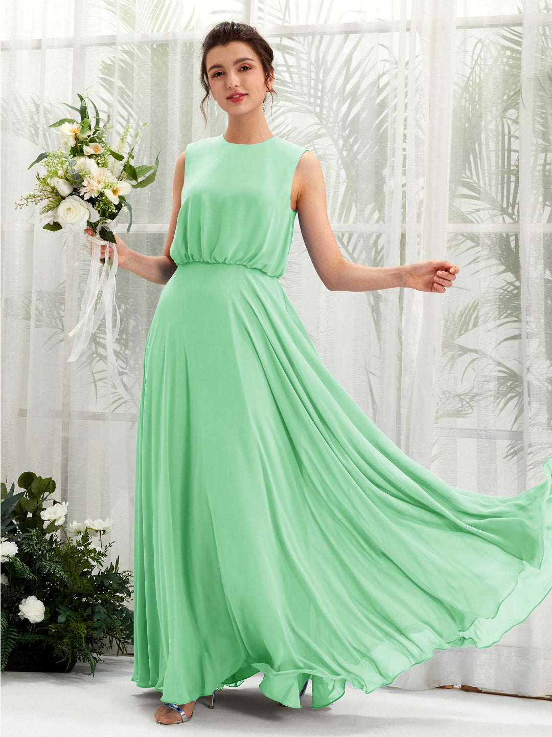 Carlyna A-Linien-Kleid Rundhalsbodenlang Chiffon Brautjungfernkleid Minzgrün 