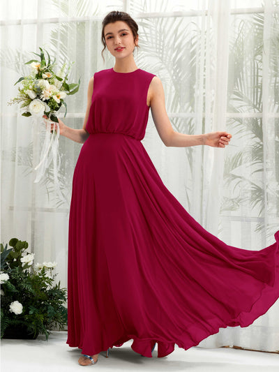 Carlyna A-Linien-Kleid Rundhalsbodenlang Chiffon Brautjungfernkleid Narrenrot #farbe_narrenrot