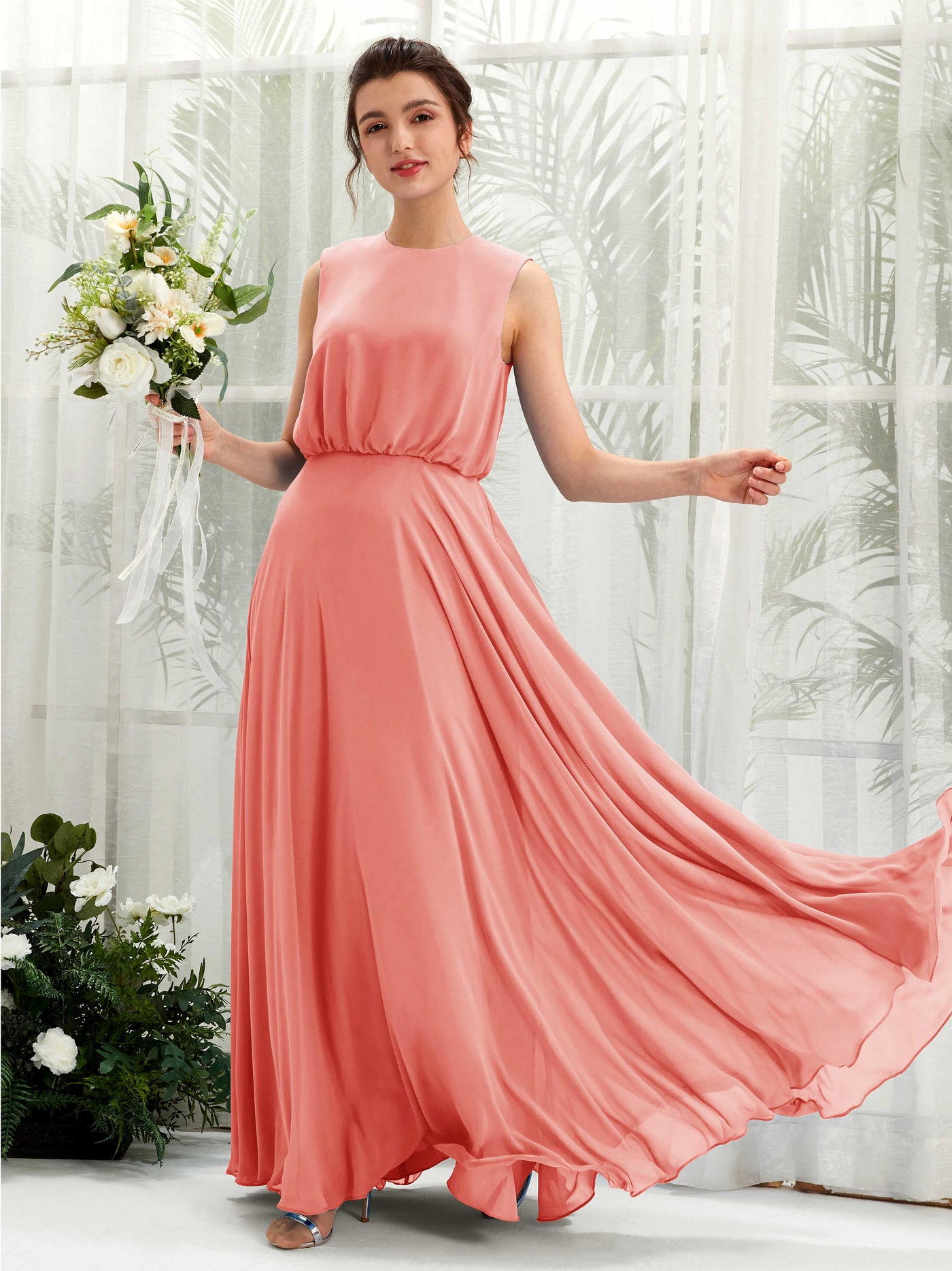 Carlyna A-Linien-Kleid Rundhalsbodenlang Chiffon Brautjungfernkleid Pfirsichrosa #farbe_pfirsichrosa