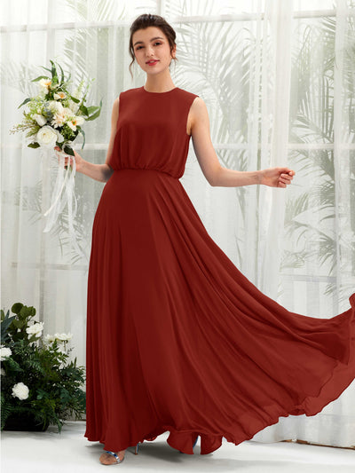 Carlyna A-Linien-Kleid Rundhalsbodenlang Chiffon Brautjungfernkleid Rostrot #farbe_rostrot