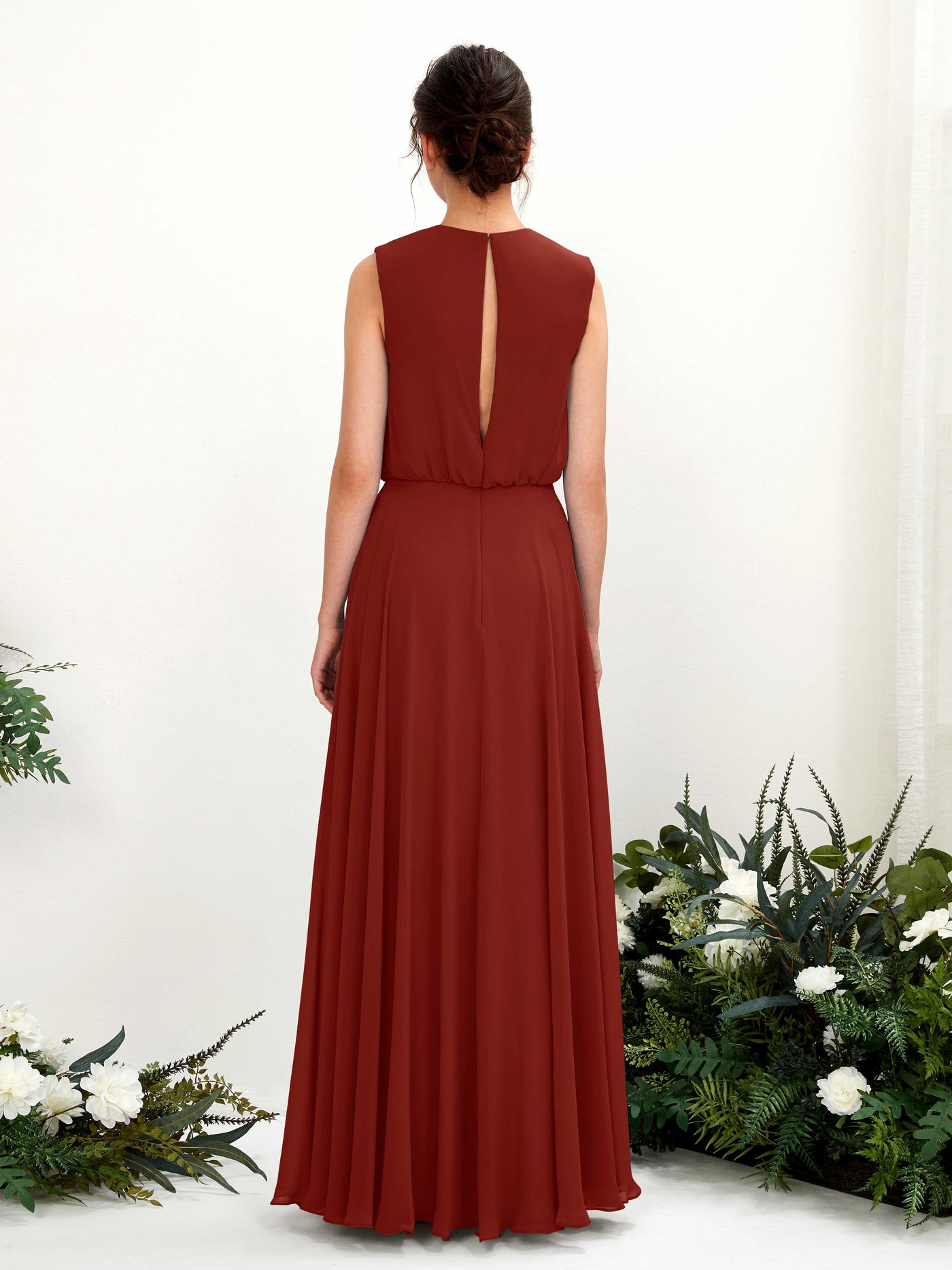 Carlyna A-Linien-Kleid Rundhalsbodenlang Chiffon Brautjungfernkleid Rostrot #farbe_rostrot