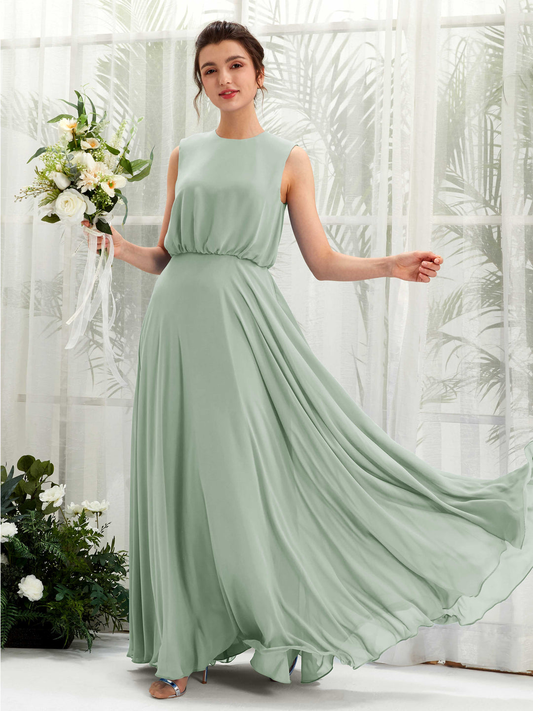 Carlyna A-Linien-Kleid Rundhalsbodenlang Chiffon Brautjungfernkleid Salbeigrün 