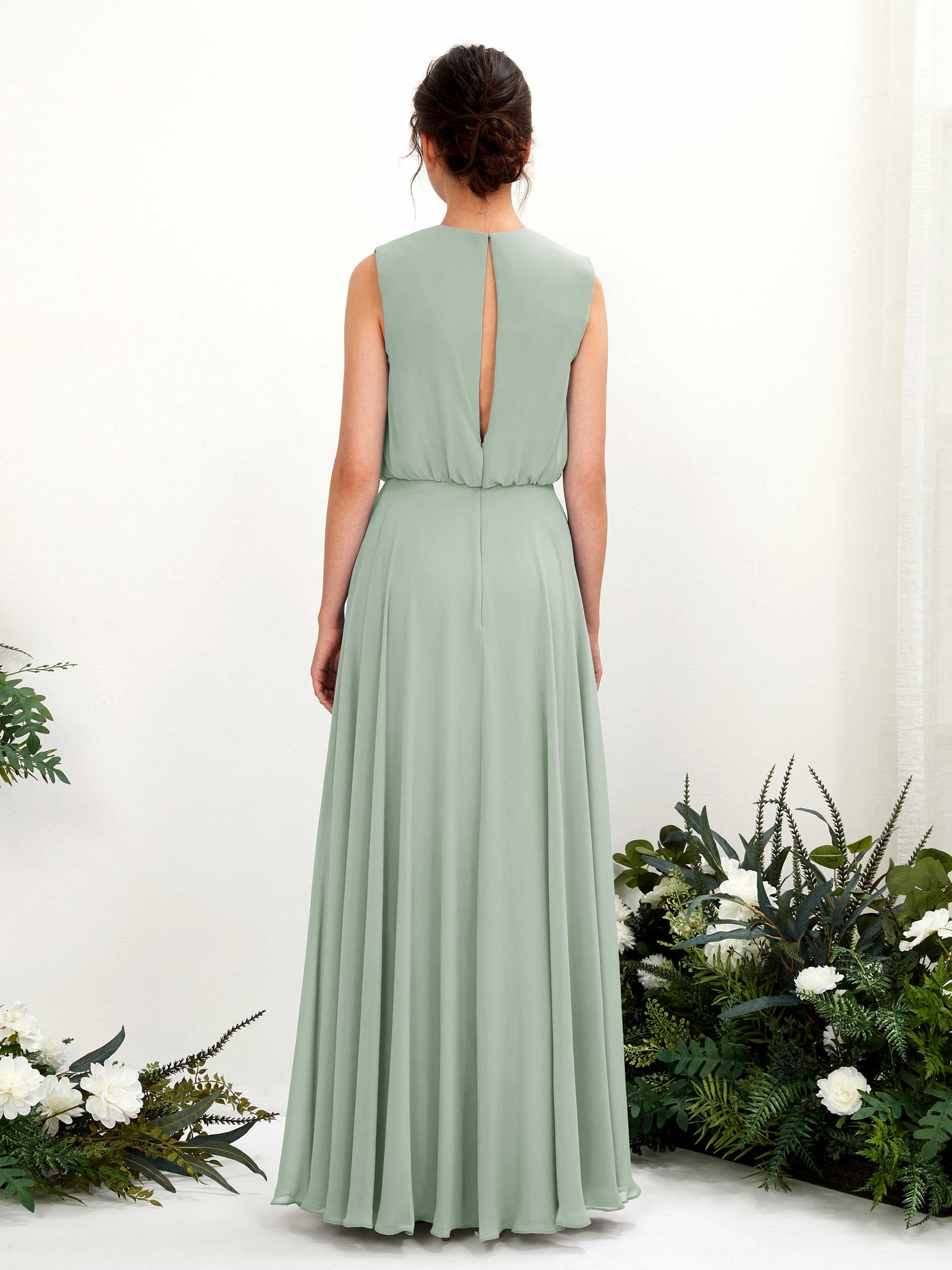 Carlyna A-Linien-Kleid Rundhalsbodenlang Chiffon Brautjungfernkleid Salbeigrün #farbe_salbeigr-n