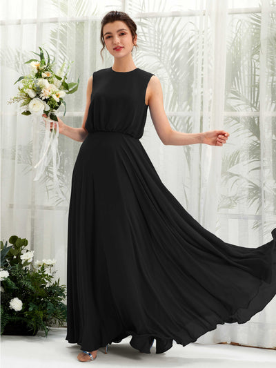 Carlyna A-Linien-Kleid Rundhalsbodenlang Chiffon Brautjungfernkleid Schwarz #farbe_schwarz
