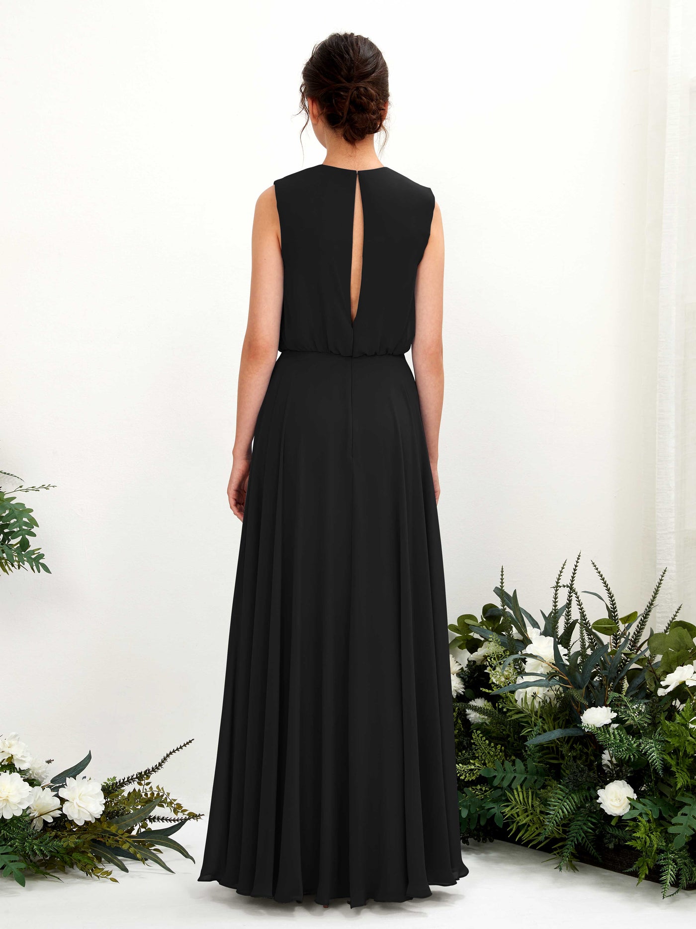 Carlyna A-Linien-Kleid Rundhalsbodenlang Chiffon Brautjungfernkleid Schwarz #farbe_schwarz