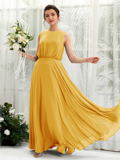 Carlyna A-Linien-Kleid Rundhalsbodenlang Chiffon Brautjungfernkleid Senfgelb #farbe_senfgelb
