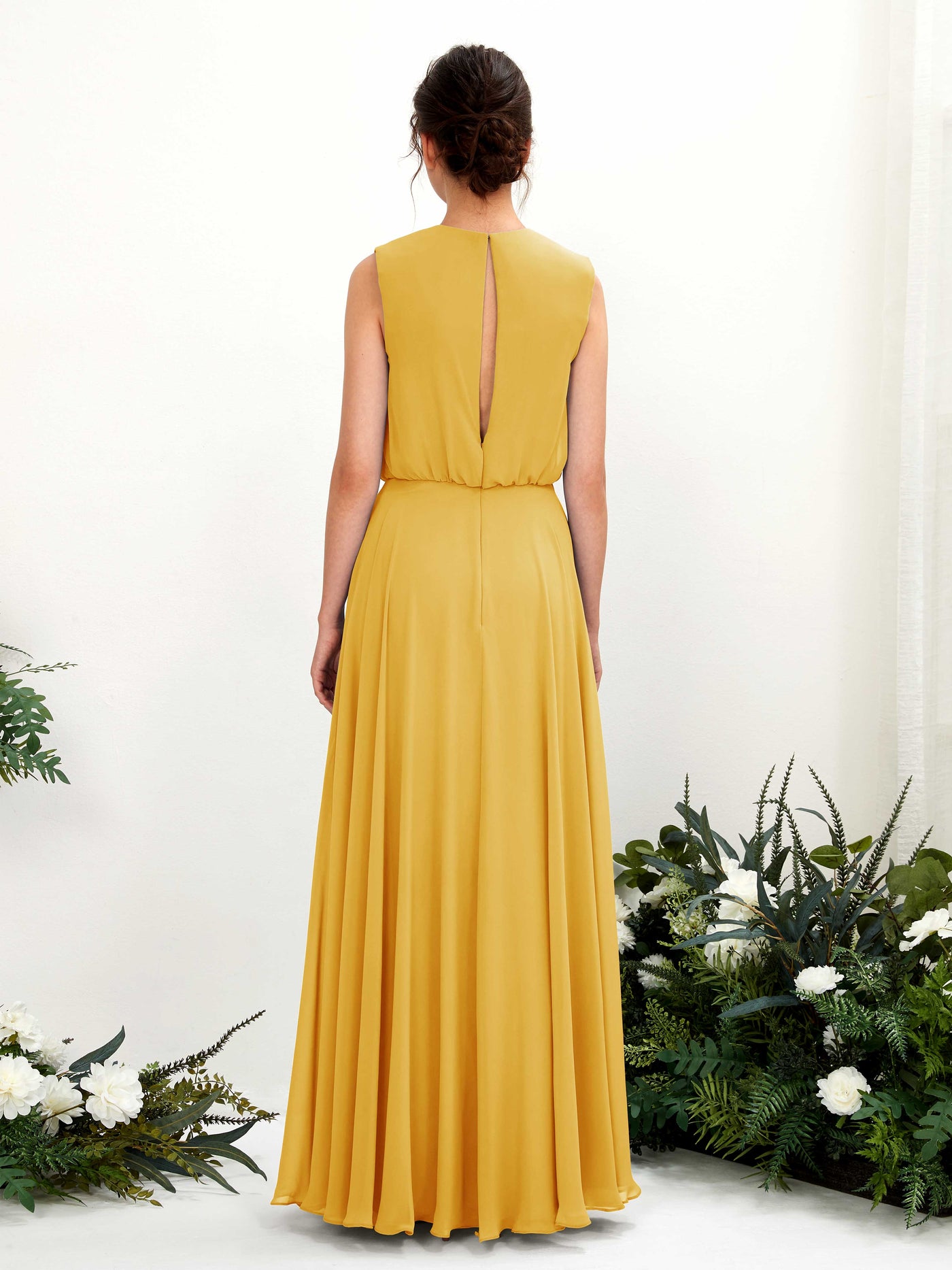 Carlyna A-Linien-Kleid Rundhalsbodenlang Chiffon Brautjungfernkleid Senfgelb #farbe_senfgelb
