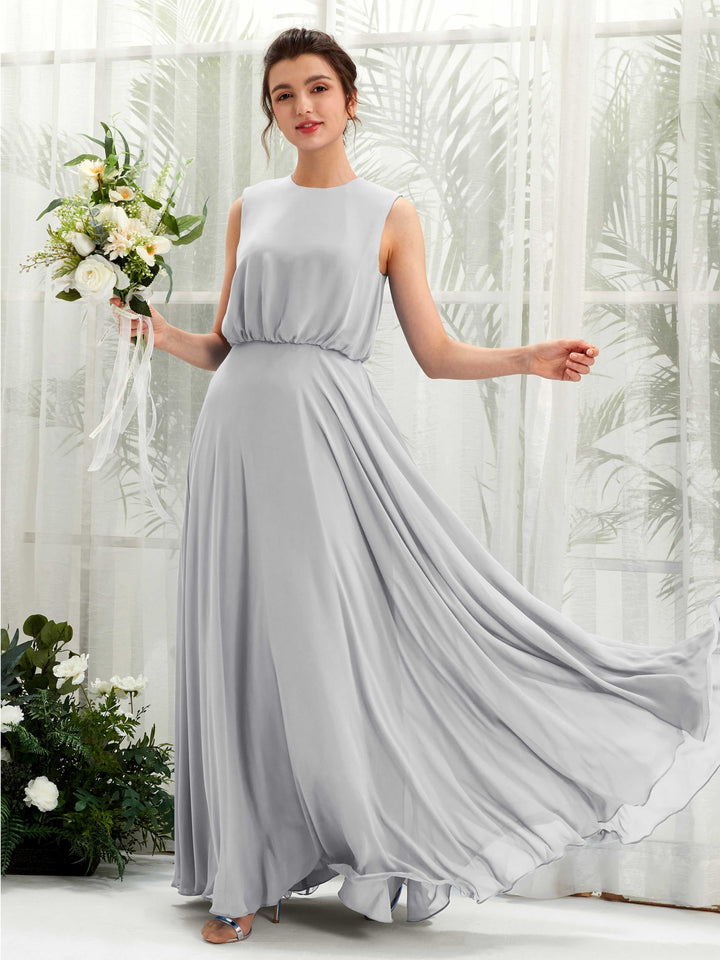Carlyna A-Linien-Kleid Rundhalsbodenlang Chiffon Brautjungfernkleid Silber 