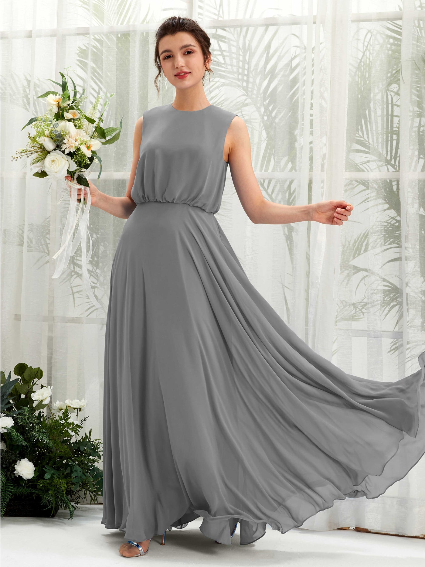 Carlyna A-Linien-Kleid Rundhalsbodenlang Chiffon Brautjungfernkleid Stahlgrau #farbe_stahlgrau