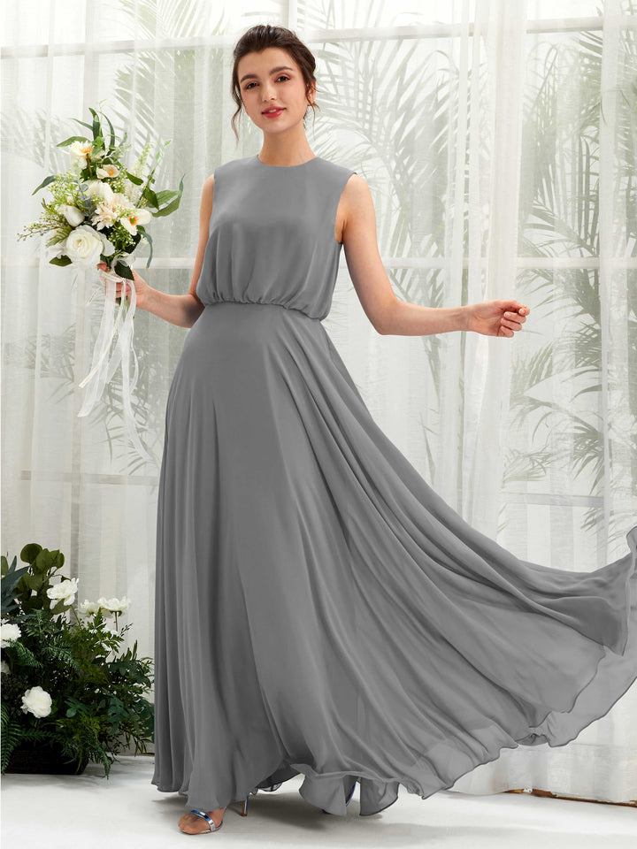 Carlyna A-Linien-Kleid Rundhalsbodenlang Chiffon Brautjungfernkleid Stahlgrau 
