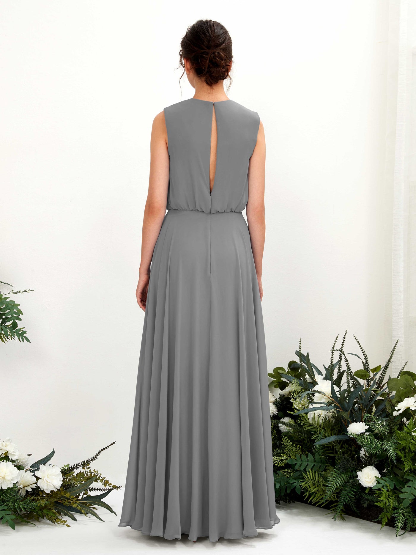 Carlyna A-Linien-Kleid Rundhalsbodenlang Chiffon Brautjungfernkleid Stahlgrau #farbe_stahlgrau