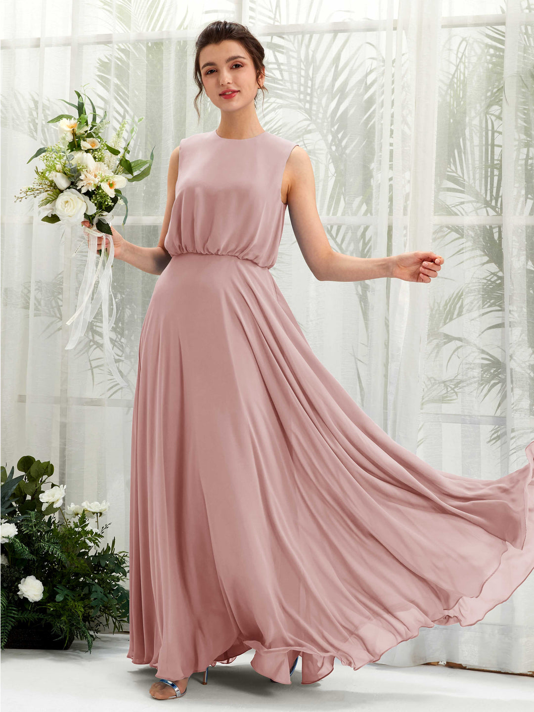 Carlyna A-Linien-Kleid Rundhalsbodenlang Chiffon Brautjungfernkleid Staubige Rose 