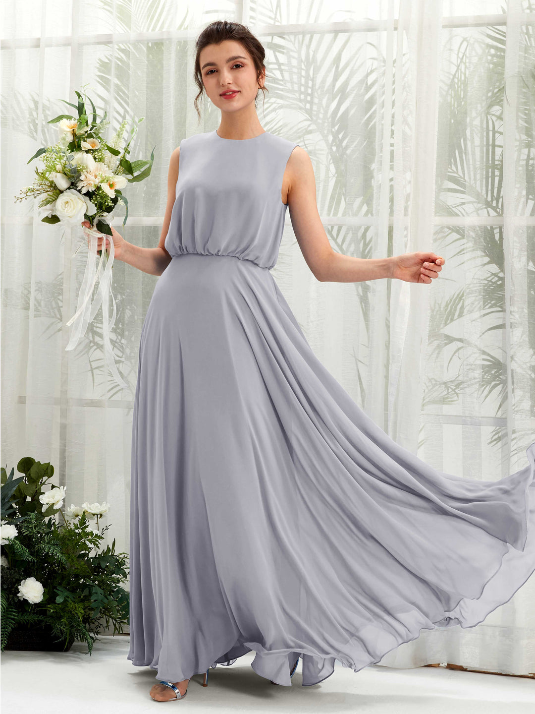 Carlyna A-Linien-Kleid Rundhalsbodenlang Chiffon Brautjungfernkleid Staubiger Lavendel 