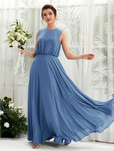 Carlyna A-Linien-Kleid Rundhalsbodenlang Chiffon Brautjungfernkleid Staubiges Blau #farbe_staubiges-blau