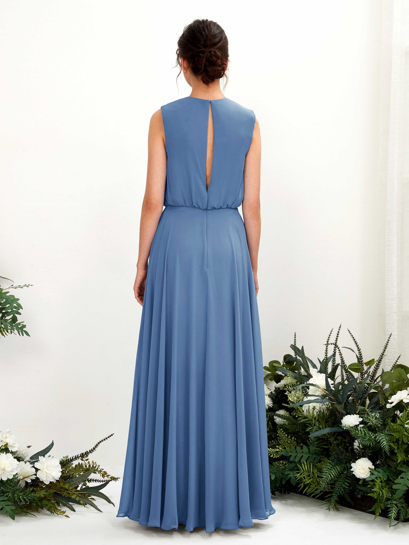 Carlyna A-Linien-Kleid Rundhalsbodenlang Chiffon Brautjungfernkleid Staubiges Blau #farbe_staubiges-blau
