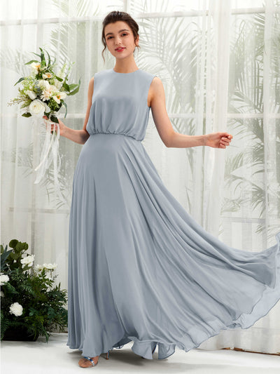 Carlyna A-Linien-Kleid Rundhalsbodenlang Chiffon Brautjungfernkleid Staubiges Blau-Upgrade #farbe_staubiges-blau-upgrade