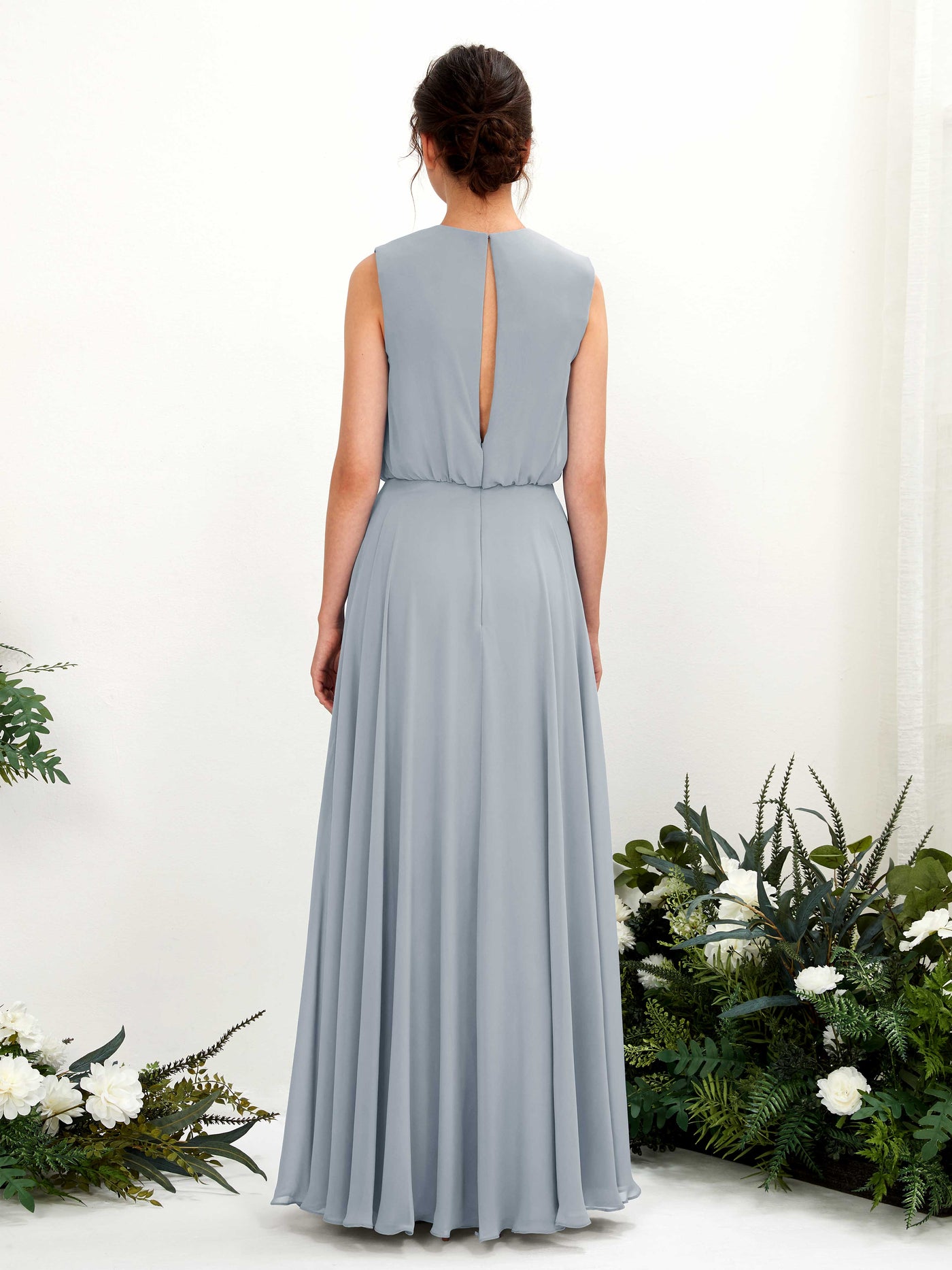 Carlyna A-Linien-Kleid Rundhalsbodenlang Chiffon Brautjungfernkleid Staubiges Blau-Upgrade #farbe_staubiges-blau-upgrade