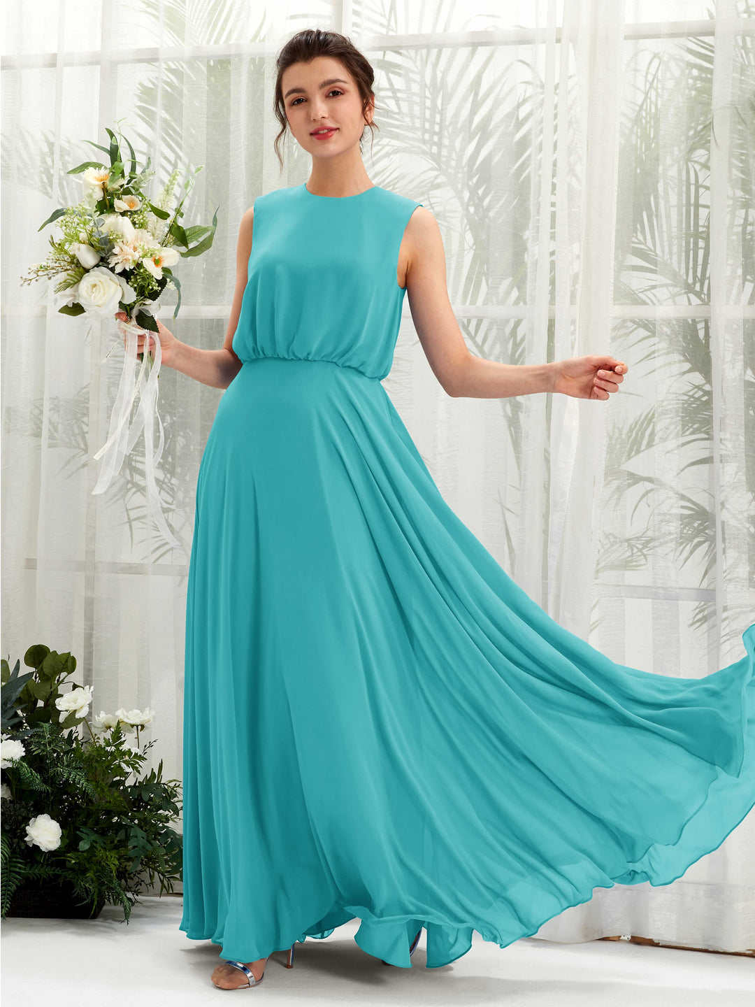 Carlyna A-Linien-Kleid Rundhalsbodenlang Chiffon Brautjungfernkleid Türkis 