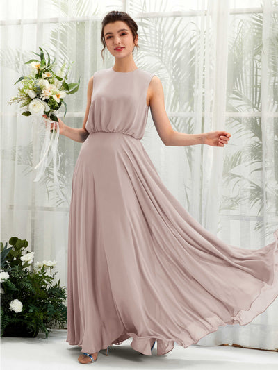 Carlyna A-Linien-Kleid Rundhalsbodenlang Chiffon Brautjungfernkleid Taupe #farbe_taupe