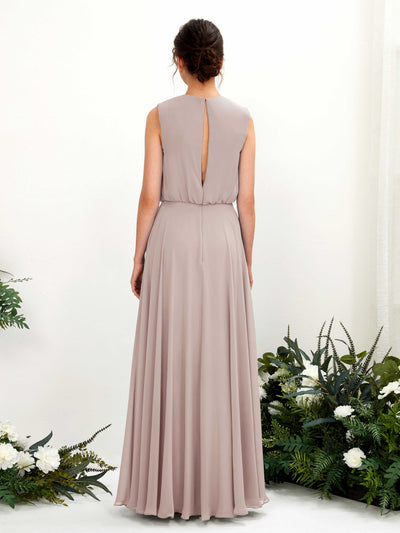 Carlyna A-Linien-Kleid Rundhalsbodenlang Chiffon Brautjungfernkleid Taupe #farbe_taupe