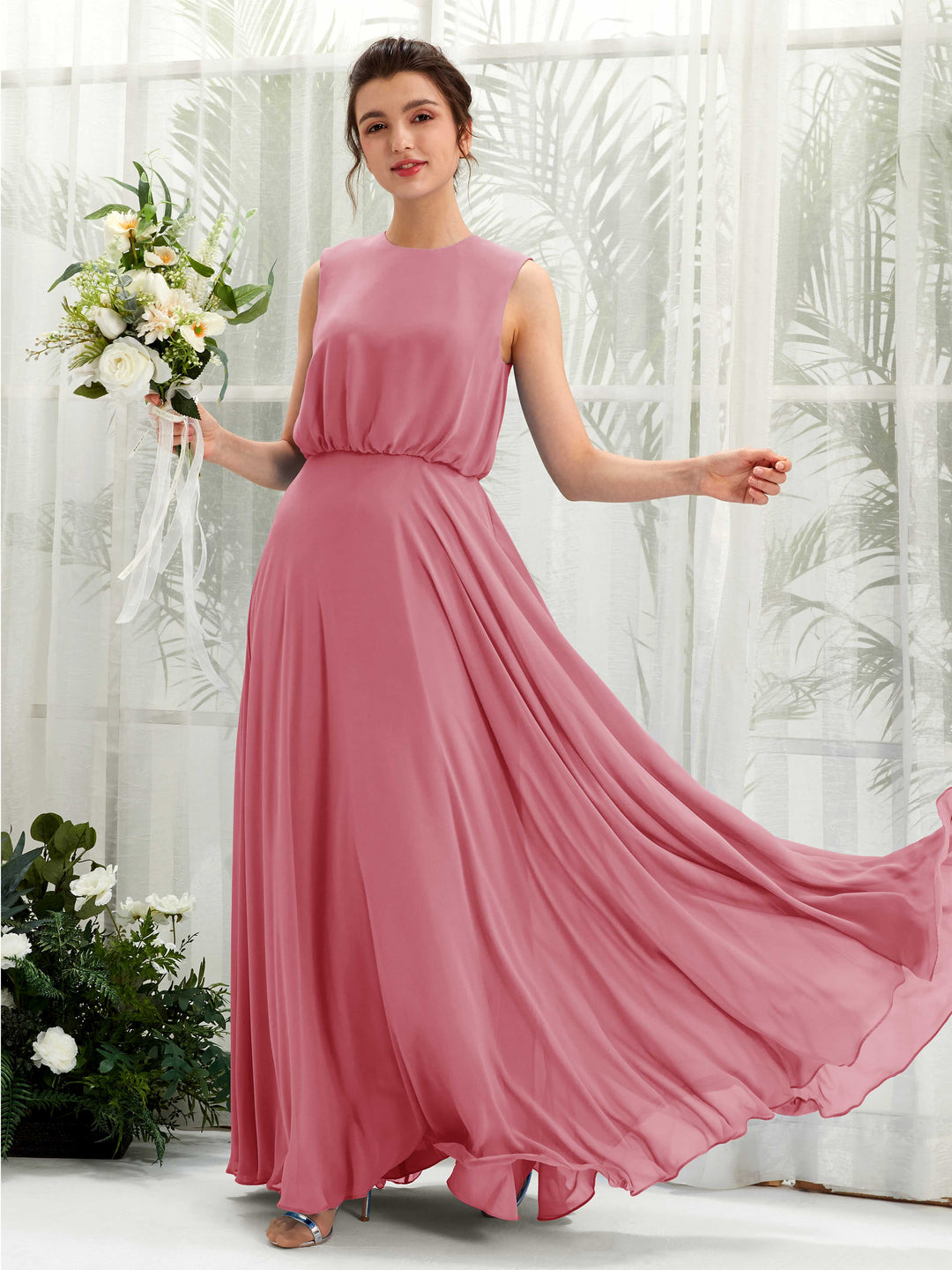 Carlyna A-Linien-Kleid Rundhalsbodenlang Chiffon Brautjungfernkleid Wüstenrose 