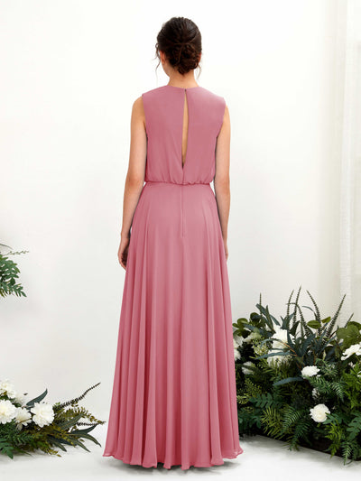 Carlyna A-Linien-Kleid Rundhalsbodenlang Chiffon Brautjungfernkleid Wüstenrose #farbe_w-stenrose