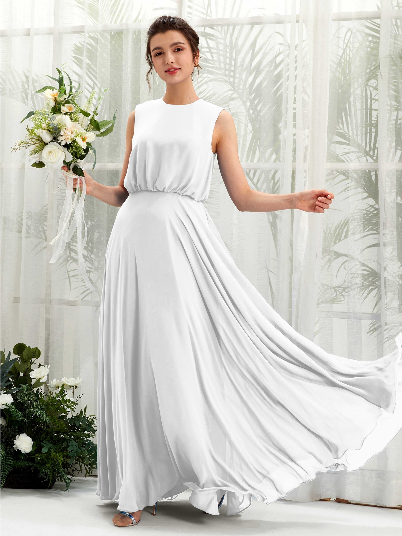 Carlyna A-Linien-Kleid Rundhalsbodenlang Chiffon Brautjungfernkleid Weiß #farbe_wei