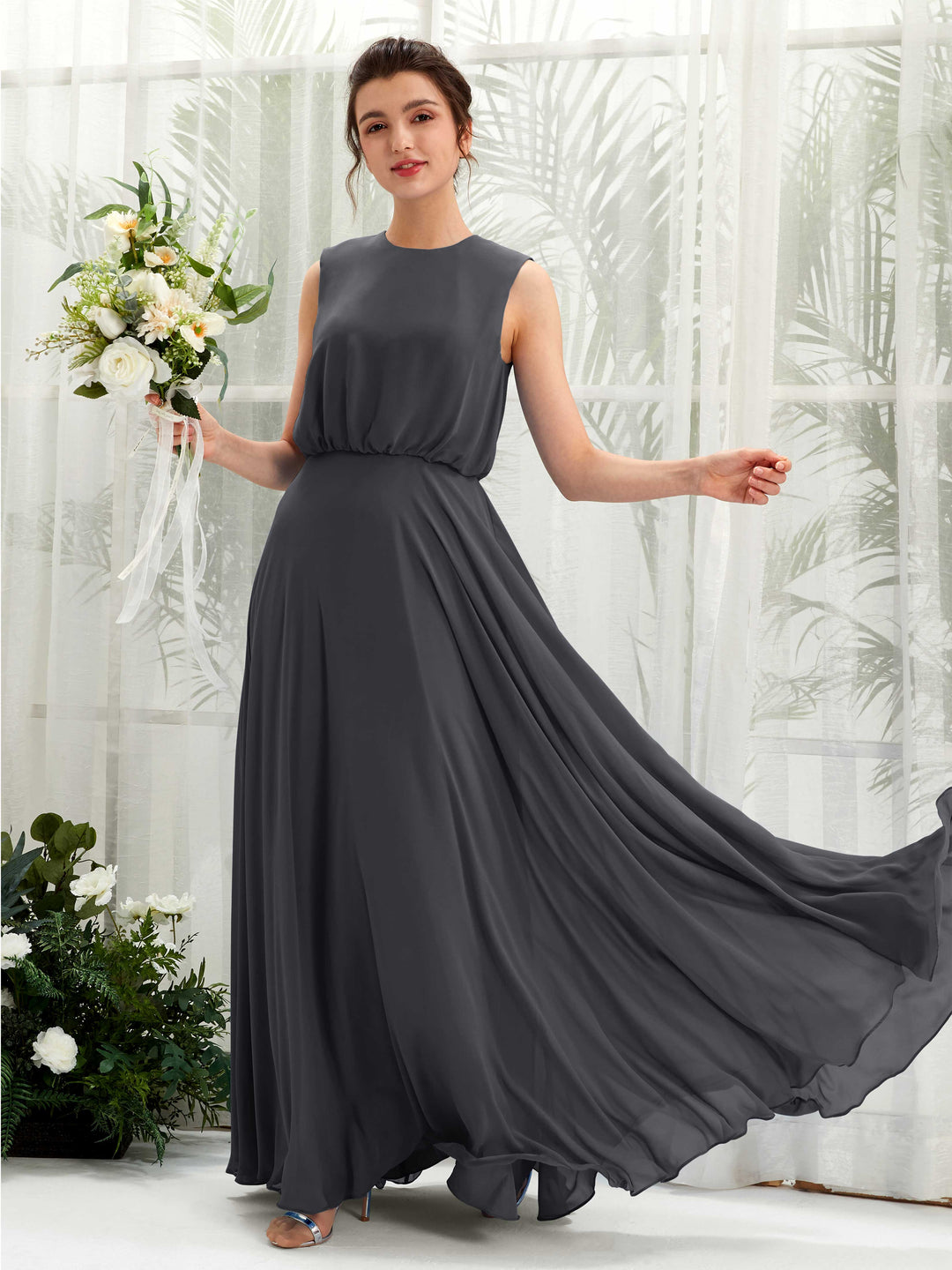 Carlyna A-Linien-Kleid Rundhalsbodenlang Chiffon Brautjungfernkleid Zinnfarben 