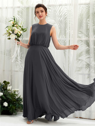 Carlyna A-Linien-Kleid Rundhalsbodenlang Chiffon Brautjungfernkleid Zinnfarben #farbe_zinnfarben