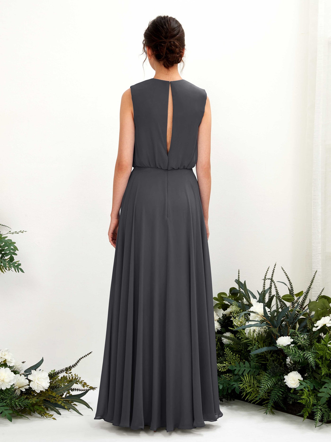 Carlyna A-Linien-Kleid Rundhalsbodenlang Chiffon Brautjungfernkleid Zinnfarben #farbe_zinnfarben