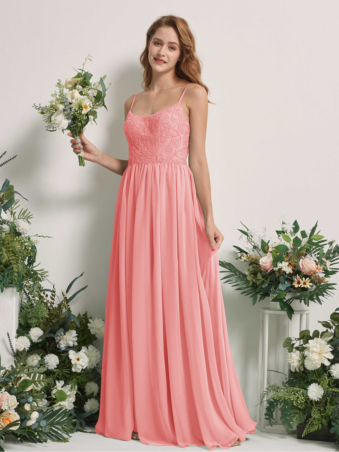 Carlyna A-Linien-Kleid U-Ausschnitt Bodenlang Chiffon Brautjungfernkleid Ballettrosa 